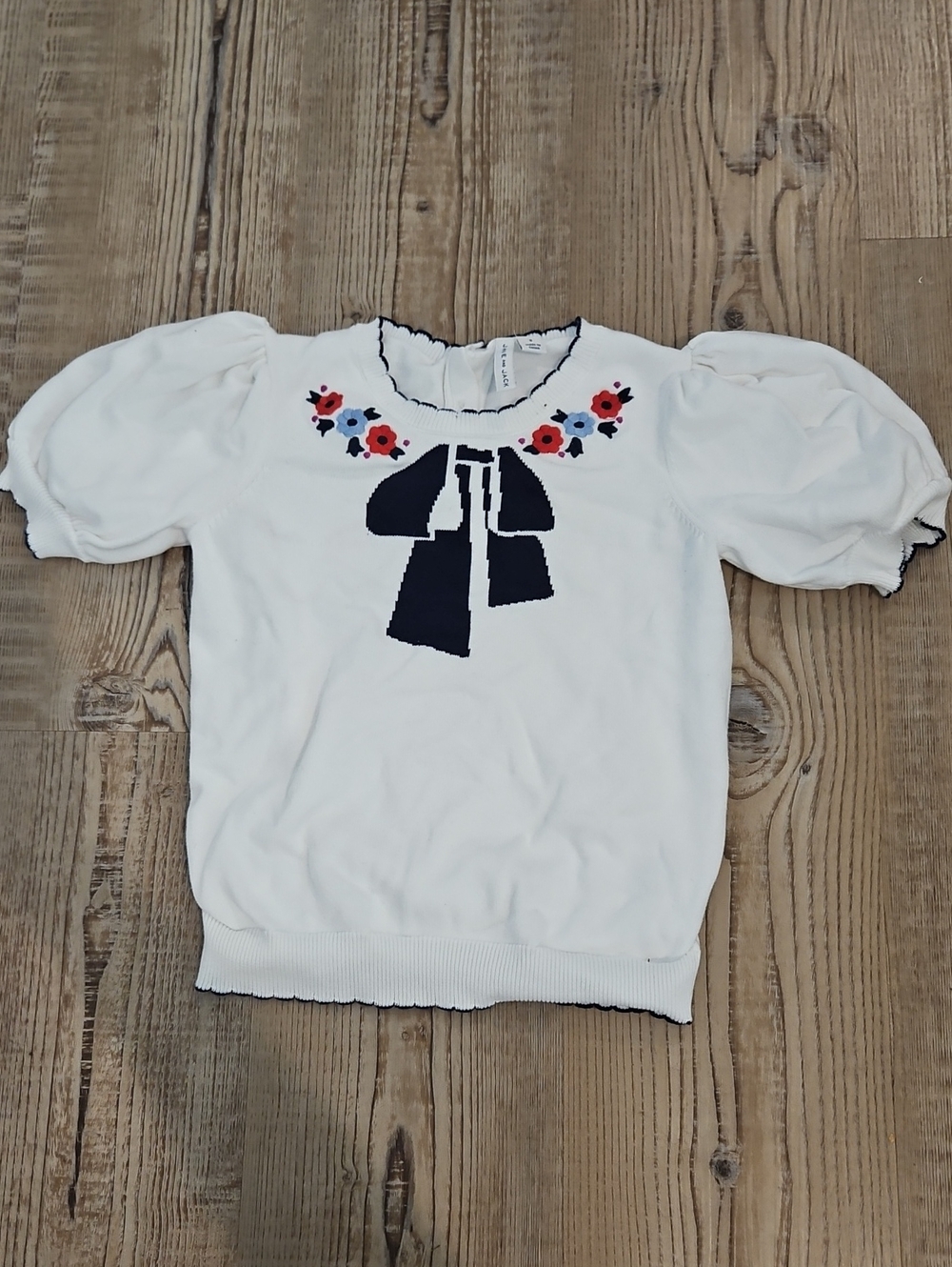 Janie and Jack White Knit Top with Navy Trim and Red Floral Embroidery